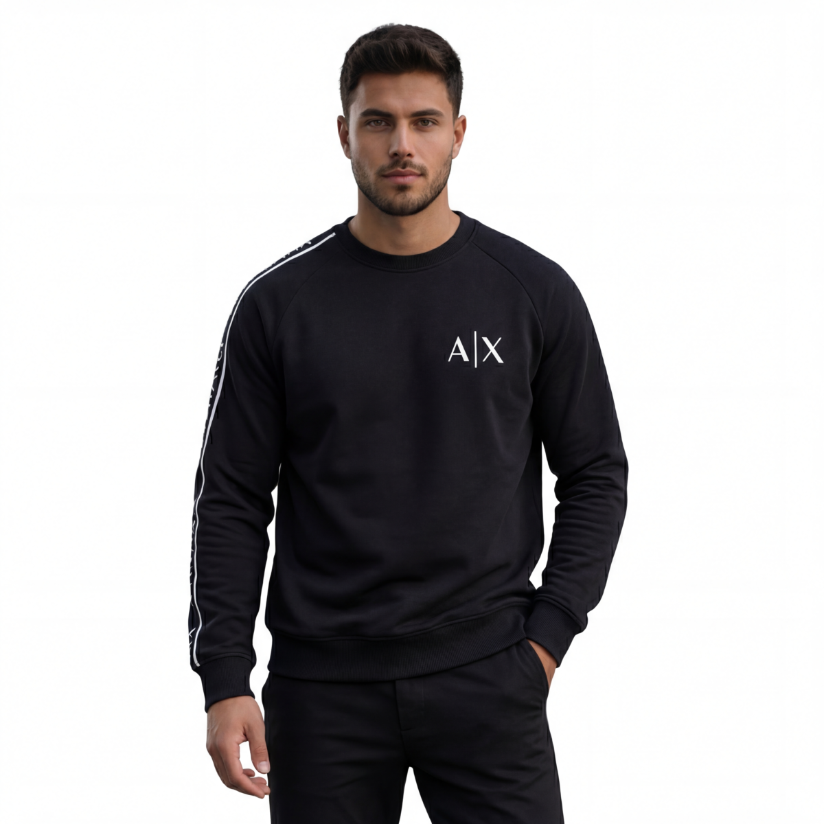 A|X Logo Crewneck with Sleeve Tape (Black/White) - Image 2