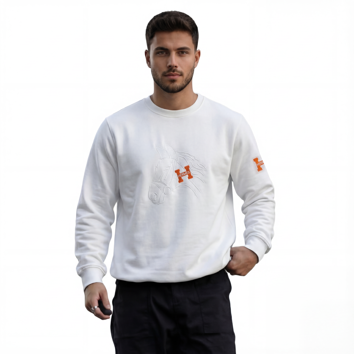 Embroidered Horse Patch Sweatshirt (Black/White) - Image 2