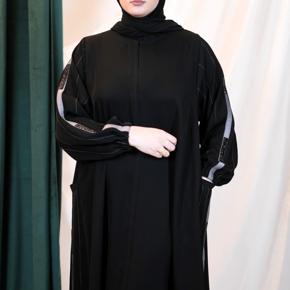 Sleeve Grey Stripe Detail Abaya - Image 3