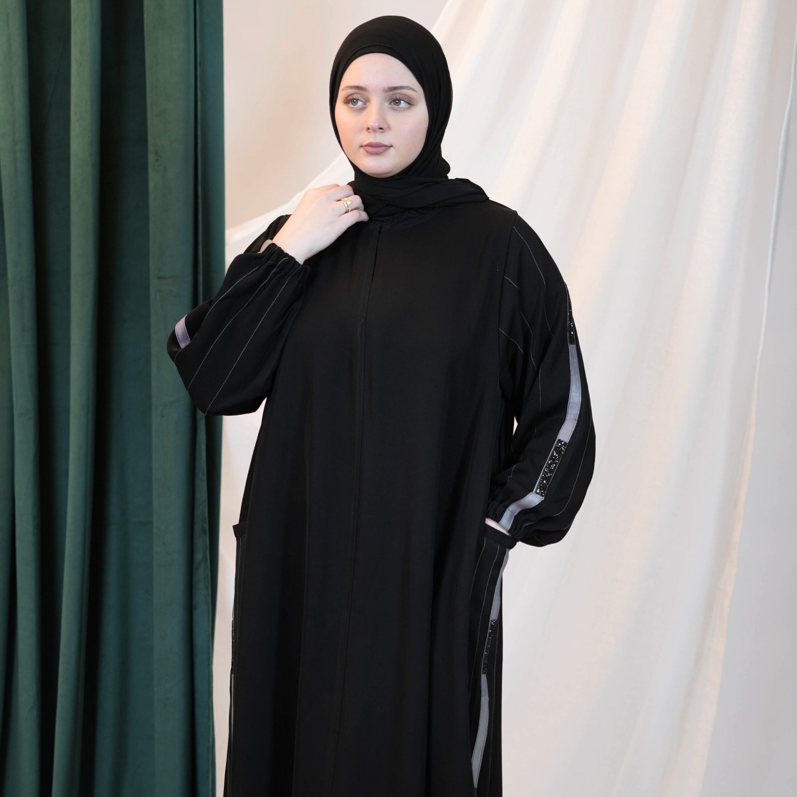 social media posts sedal-jan 2026 - 48 Sleeve Grey Stripe Detail Abaya - Image 1