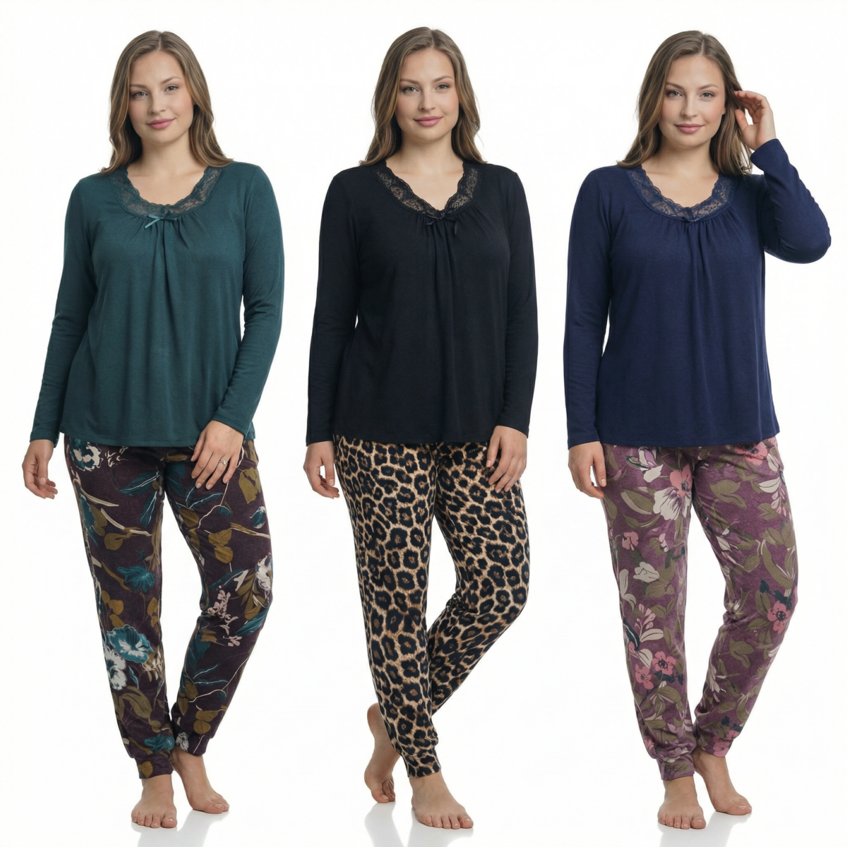 Large Size Black Lace Trim Sleep Cotton Set - Image 2