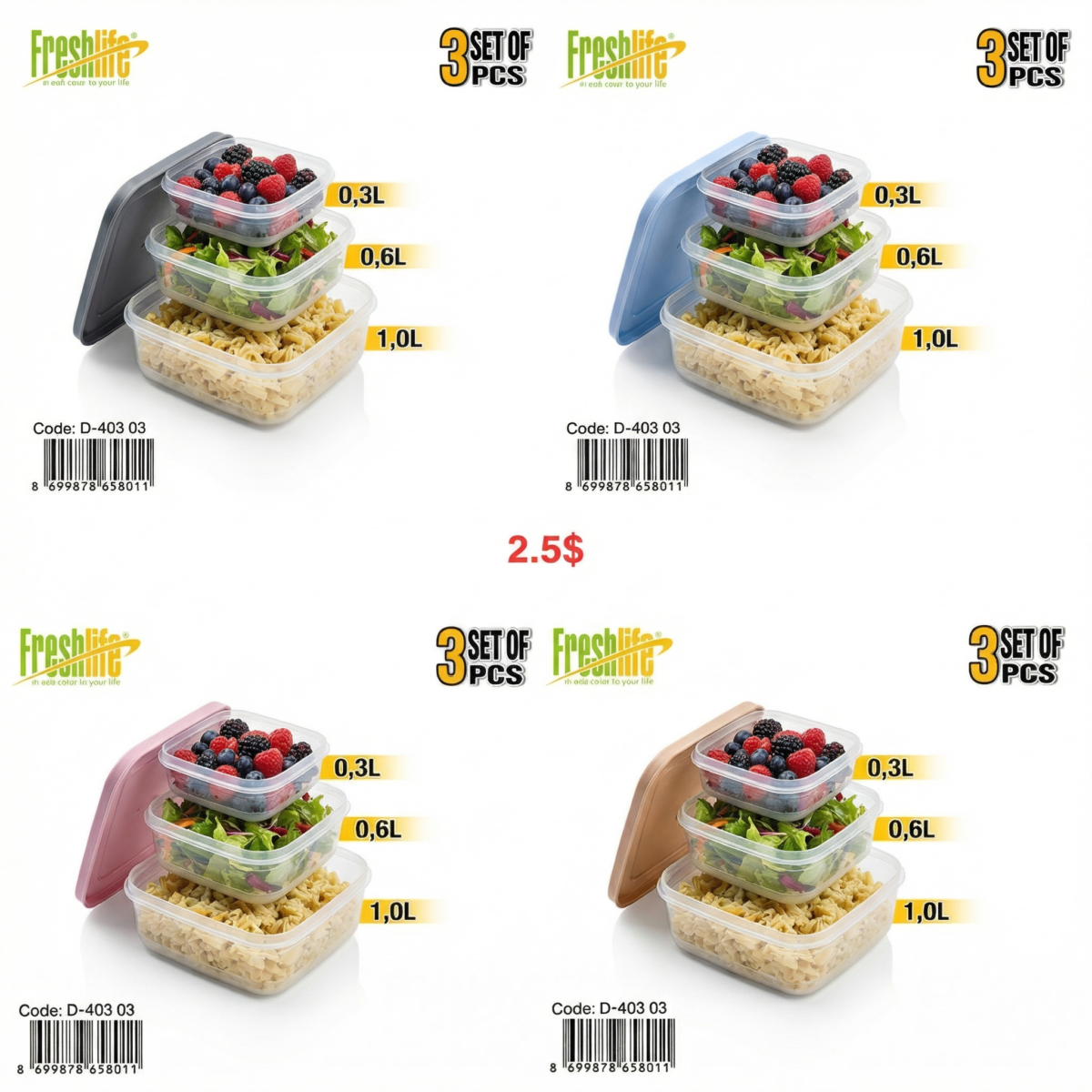 FreshLife 3-Piece Container Set (0.3L /0.6L /1L) - Image 2